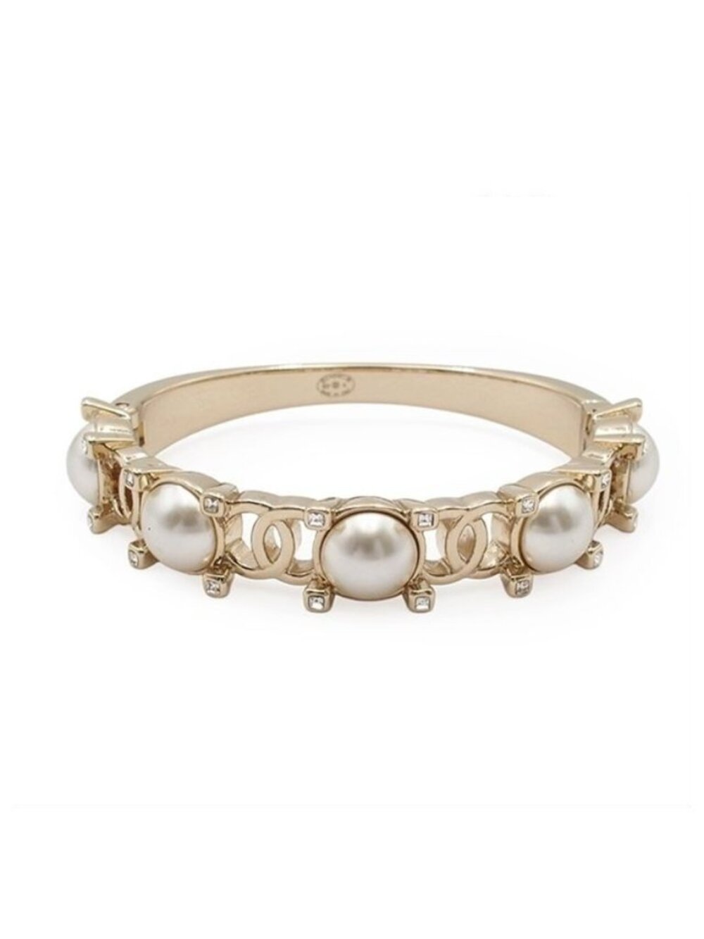 Chanel Bangle Gold Metal Costume Pearl Rhinestone CC Logo Bracelet